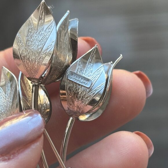 Bond Boyd 925 Sterling Tulip Bouquet Brooch 3D Flowers with Bow - Picture 4 of 10